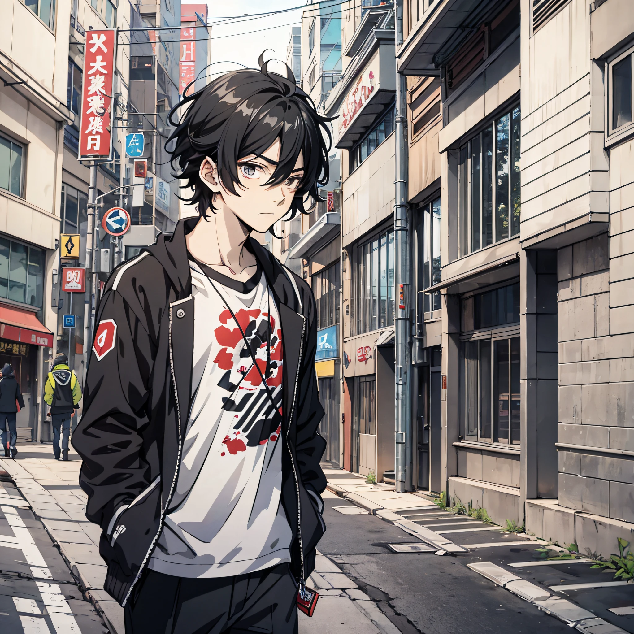 Anime style 4K，Anime rendering，style of anime，China Campus，A young man with messy black hair，on the campus，are standing，A helpless expression，