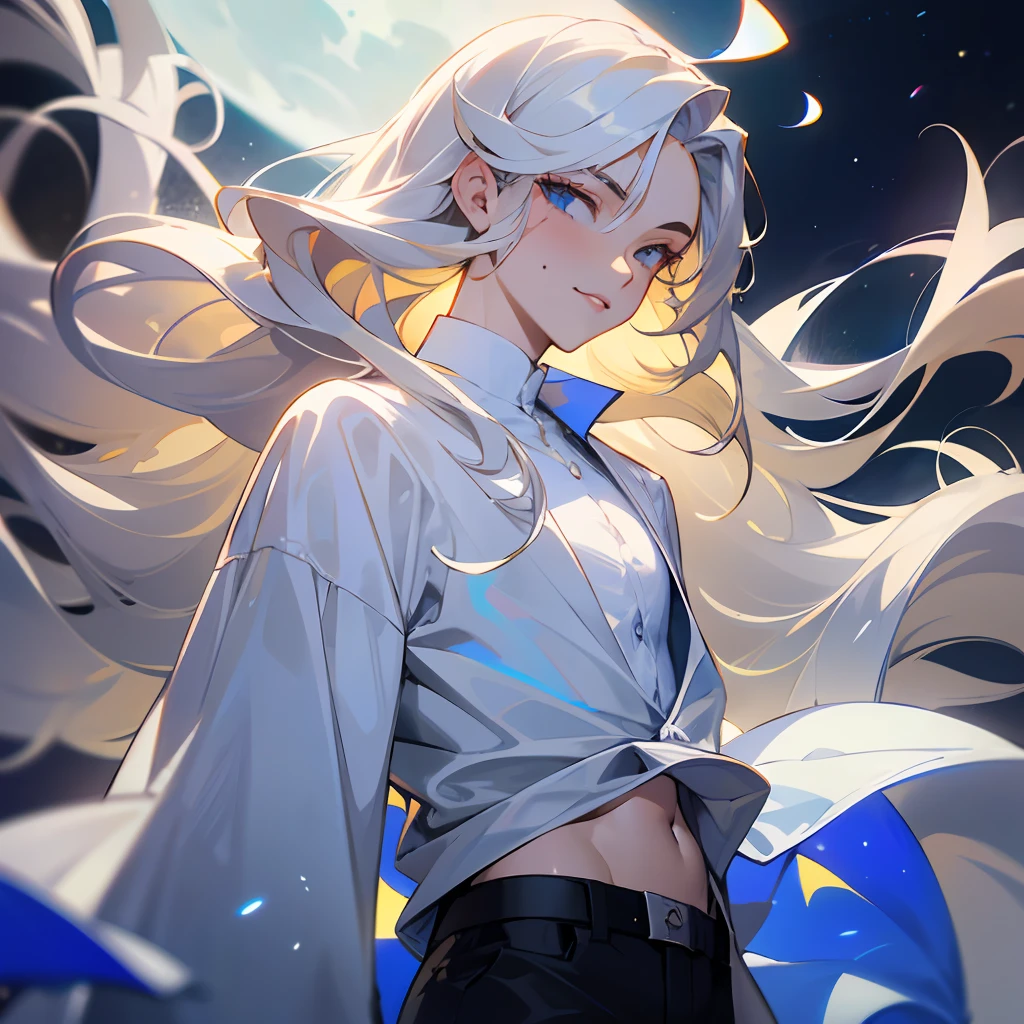 Masterpiece, Top Quality, (Solo Focus), (Perfect Face: 1.1), (High Detail:1.1),Dramatic, 1Guy, (Pale Skin), Long White Hair, White Eyes, [Light Eyebrows], Man, Solo, Long Hair, Moon, Night, White Luxury Suit, Closed Navel, Puffy Lips, (Beauty Marks), Man, Slim Waist, Long White Volume Hair, Curly Hair, Thin, Fair Skin, Delicate Facial Features, Man, Omega, Sexy, Transparent Wide-Sleeved Shirt,  tight pants, blue eyes, young man, white, blonde hair, white hair, man, man, man