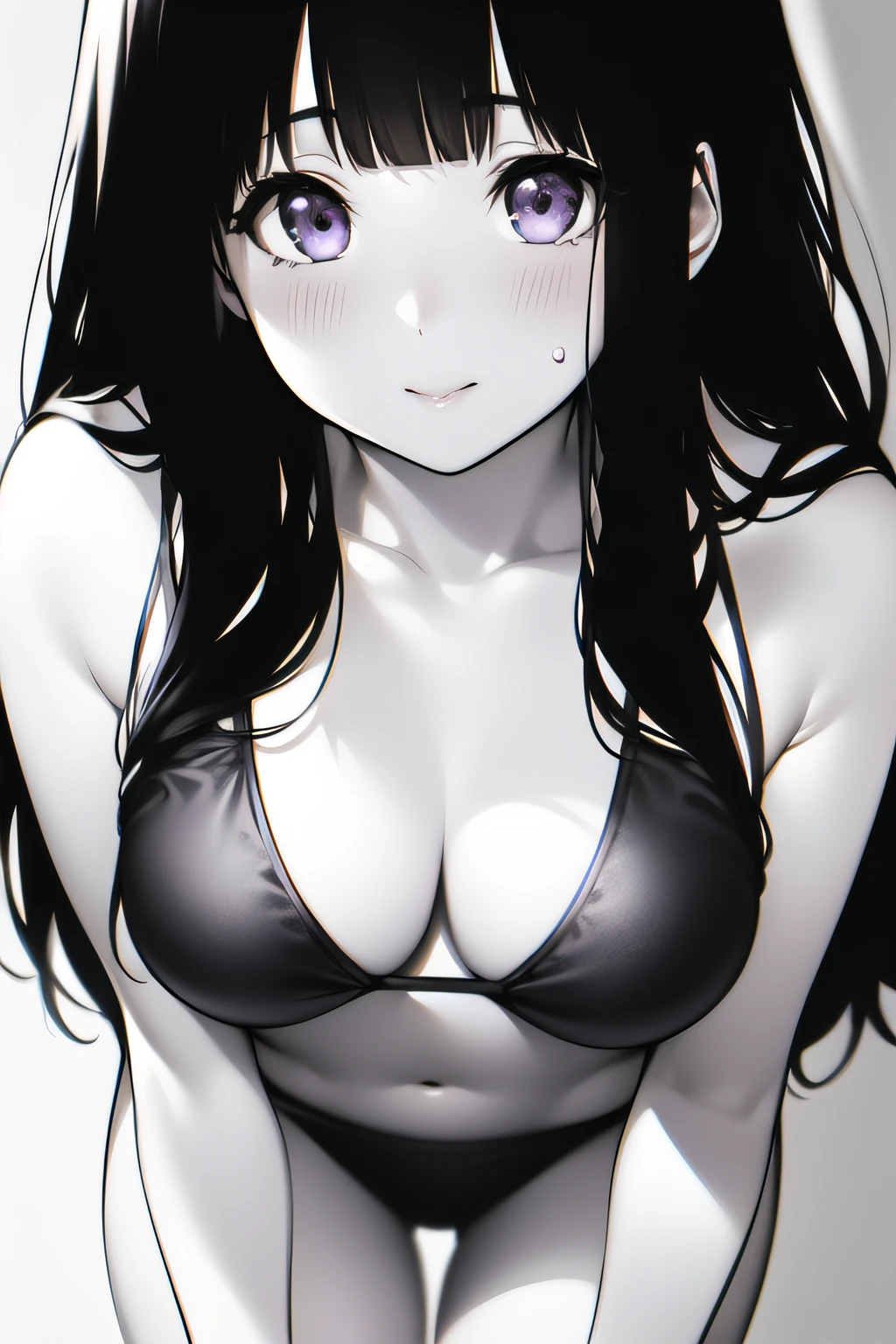 A superb exquisite Chitanda Eru, purple eyes, black long hair, natural straight hair, straight bangs, (Small_breasts: large_breasts: 0.4), solo, ((bikini_pull)), ((seaside)), ((seductive_face)), extremely delicate, straight facial features, peerless beautiful girl, soft, (sensual), (kawaii), dreamy quality, light white and dark brown, exaggerated facial features, solid color, frank holly, delicate face, bright lips slightly open, slender waist, soft curves, real light and shadow, super fine, 4k, natural moving, Ultra high resolution, (masterpiece:1.2, best quality), (finely detailed beautiful eyes: 1.2), (beautiful detailed face)