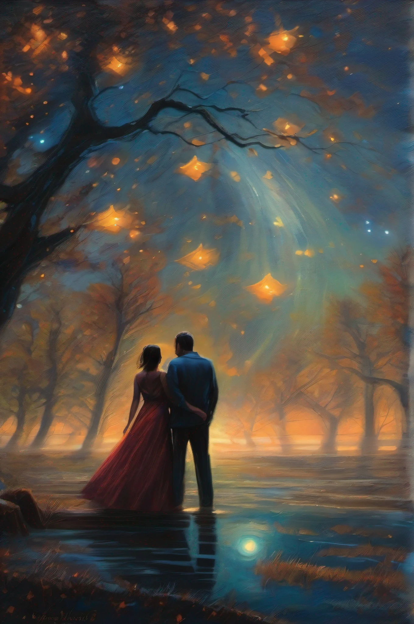 pintura impressionista de um casal apaixonado em uma noite estrelada