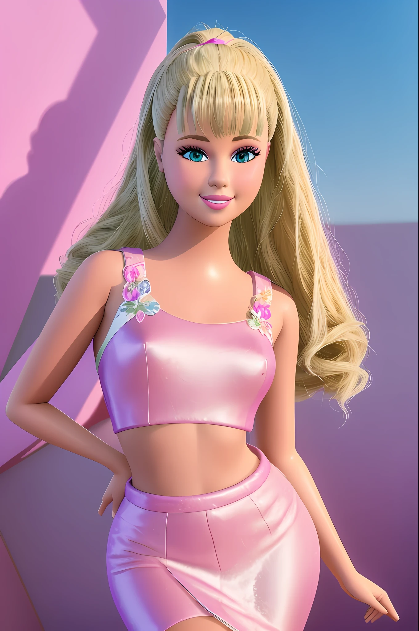 (masterpiece, best quality), highres, (8k, RAW photo, highest quality), (Selena Gomez como Barbie), (Selena Gomez face:1.2), Selena Gomez, (blonde hair) , ultra-realistic, 3d, centered, (TS_Barbie), mid shot, (full body:1.2), a cartoon girl in PINK dress in the style of pixar, (perfect lighting and composition:1),soft lighting, (high detail, 8K resolution:1), hdr:0.7, detailed face, perfect, (dynamic), pose, (high quality:1.2), plastic skin, ((shiny:1.3)), smile, (depth of field:0.8), 50mm, film grain:0.7, fujifilmXT3, focus face, (sad:1.2), looking at viewer, detailed eyes, detailed face, floating particles, beautiful, light makeup, lipstick, (thick waist and thighs:0.6), amazing composition