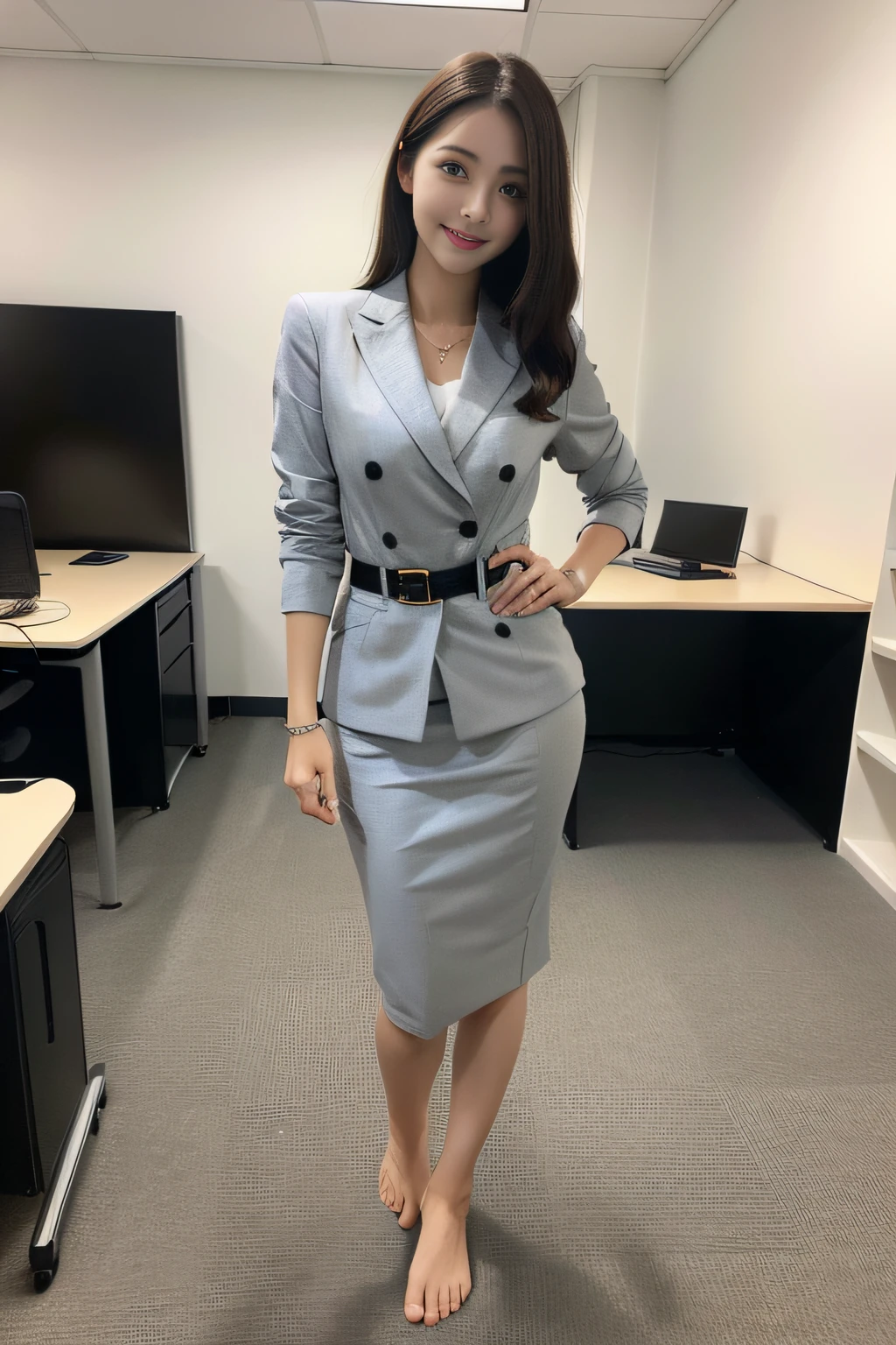 best qualtiy, Full body like,Barefoot,Refined face,pretty face,25 years old woman,slimfigure,Larger bust,office lady uniform,Office wear,office room