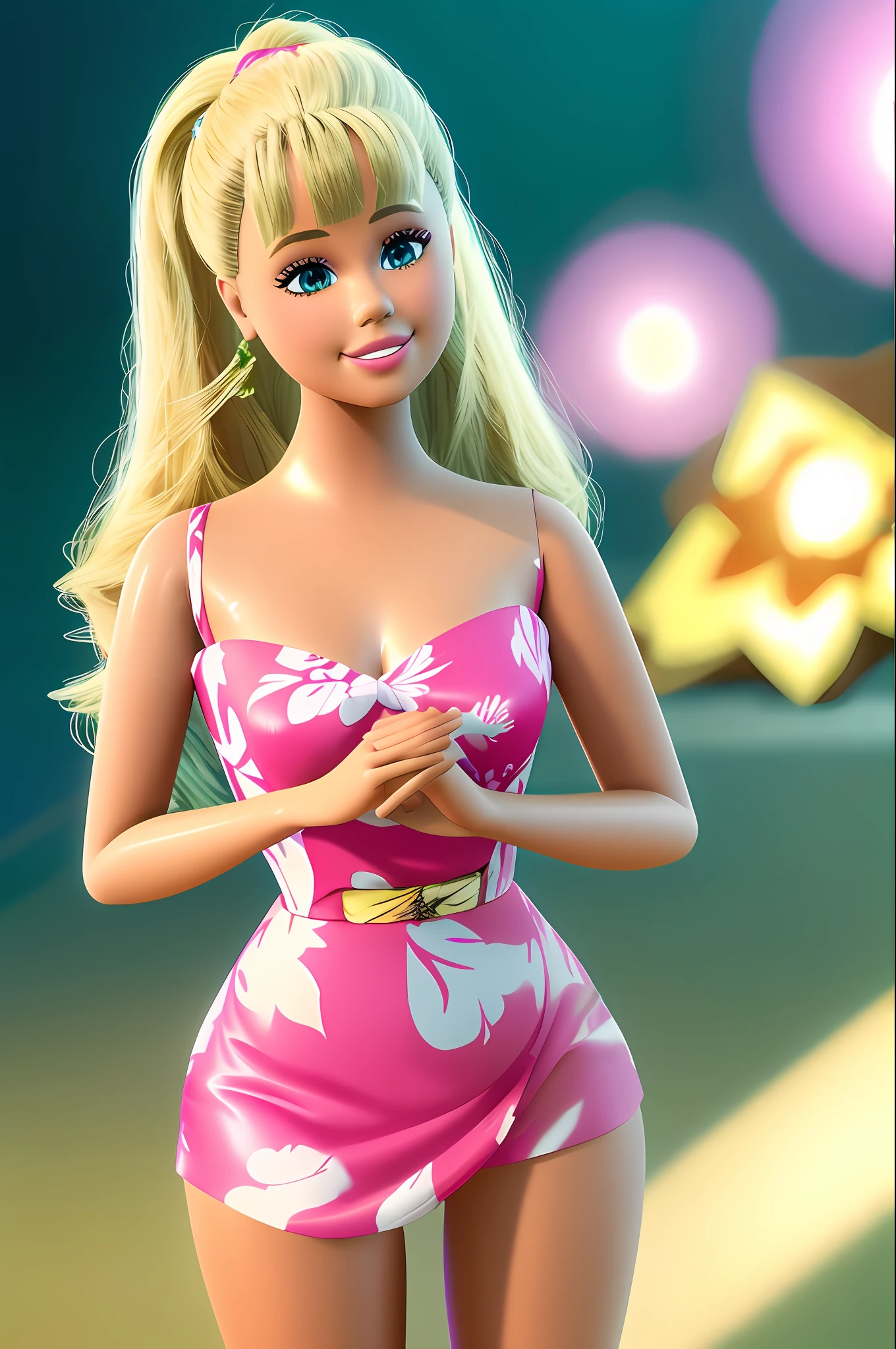 (masterpiece, best quality), highres, (8k, RAW photo, highest quality), (Selena Gomez como Barbie), (Selena Gomez face:1.2), Selena Gomez, (blonde hair) , ultra-realistic, 3d, centered, (TS_Barbie), mid shot, (full body:1.2), a cartoon girl in PINK dress in the style of pixar, (perfect lighting and composition:1),soft lighting, (high detail, 8K resolution:1), hdr:0.7, detailed face, perfect, (dynamic), pose, (high quality:1.2), plastic skin, ((shiny:1.3)), smile, (depth of field:0.8), 50mm, film grain:0.7, fujifilmXT3, focus face, (sad:1.2), looking at viewer, detailed eyes, detailed face, floating particles, beautiful, light makeup, lipstick, (thick waist and thighs:0.6), amazing composition