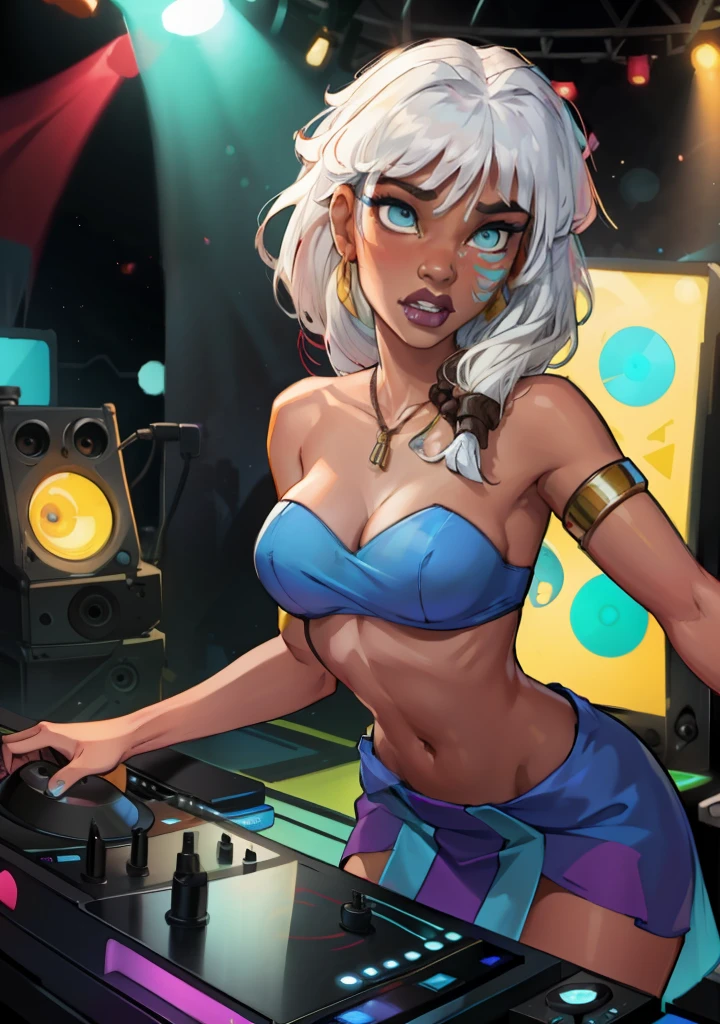 A solo shot featuring (strapless, navel, armlet, tribal skirt, tribal)
(bangs)
(makeup) a DJ, showcasing her skills on the turntables at a vibrant rave.