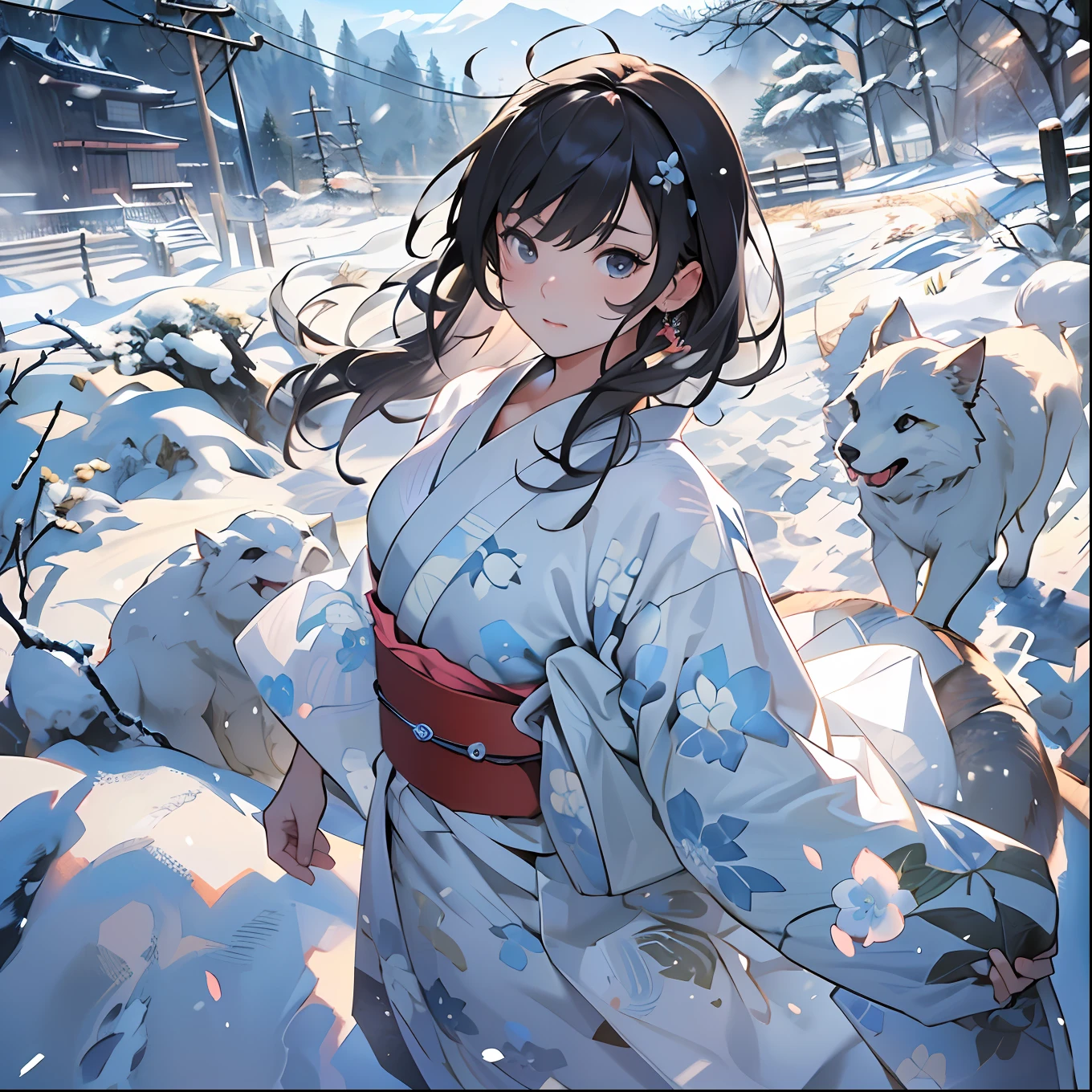 (top-quality、8K、32K、masterpiece、nffsw:1.3)、(Attractive Japanese Woman Pictures)、Girl running on a snowy field、White yukata、A dark-haired、Black eye、A look of bewilderment、Hair cut at the shoulders