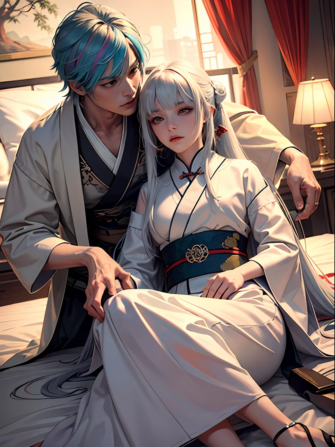 Concept Art, "1 Couple, Male Focus, Fin Ears, Multicolored Hair, Handsome Boy, Long White Hair, Tassels, Bangs, Carp, Colorful, Bold Colors, White Kimono, (Open) Kimono, Traditional Chinese Clothing, Close-up, Intimate Interaction in Bed, Stud Earrings, Rings, Sweat, Illuminate People", Colorful, Master Composition, Focus on Key Figures, Realism, Masterpiece, Award-Standing, Best Quality, Masterpiece, Ultra Detailed, 8K, Extremely Detailed CG Unity 8k wallpaper, complex, highly detailedrealistic