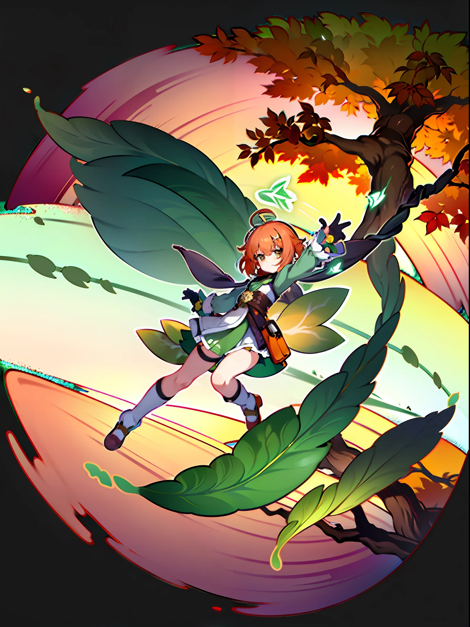 (masterpiece), best quality, expressive eyes, perfect face, ((small, cartoon, anime)), happy, tiny, cute, young girl, short hair, simple design, bangs, ((green hat, brown sling bag, green scarf, gloves, skirt, shoes)) young, ((brown eyes, green reflections, orange highlights)), (unique outfit, patterns, long cape, tree design on skirt, long-sleeved with leaves, cuffs, knee high socks, shirt asymmetry, orange hair, hair pin, flying book), fullbody, full body, splash screen, (swirling background, dynamic scene, autumn, ahoge) 18th century clothing, genshin impact, green ivy cap, green hat, sling bag, ((young girl, child, young lady, , chibi, small, tiny, cute))