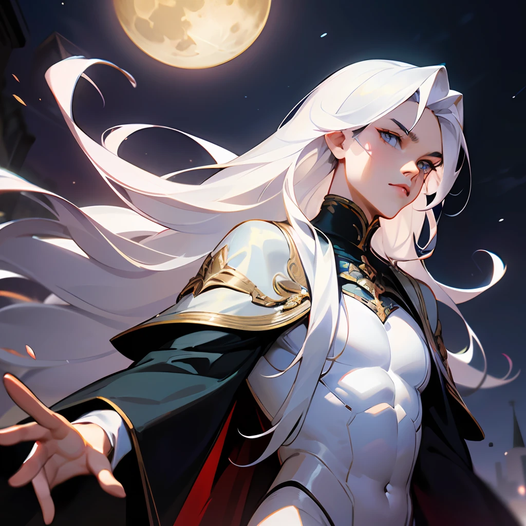 Masterpiece, highest quality, (solo focus), (perfect face: 1.1), (high detail: 1.1), dramatic, 1guy, (pale skin), long white hair, white eyes, [light eyebrows], man, solo, long hair, moon, night, white luxury suit, closed navel, plump lips, (beauty signs), gothic city, detailed background, art by Artgerm and Greg Rutkowski, cinematic lighting, roses, beautiful. Young man, slim waist, palms hidden under long sleeves, long white hair, blue eyes