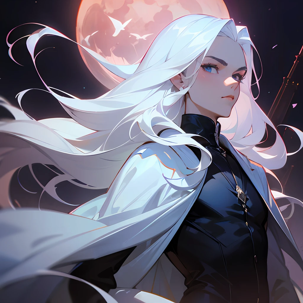 Masterpiece, highest quality, (solo focus), (perfect face: 1.1), (high detail: 1.1), dramatic, 1guy, (pale skin), long white hair, white eyes, [light eyebrows], man, solo, long hair, moon, night, white luxury suit, closed navel, plump lips, (beauty signs), gothic city, detailed background, art by Artgerm and Greg Rutkowski, cinematic lighting, roses, beautiful. Young man, slim waist, palms hidden under long sleeves, long white hair, blue eyes