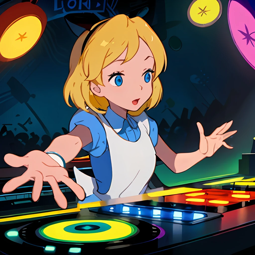 A solo shot featuring alice liddell a DJ, showcasing her skills on the turntables at a vibrant rave.