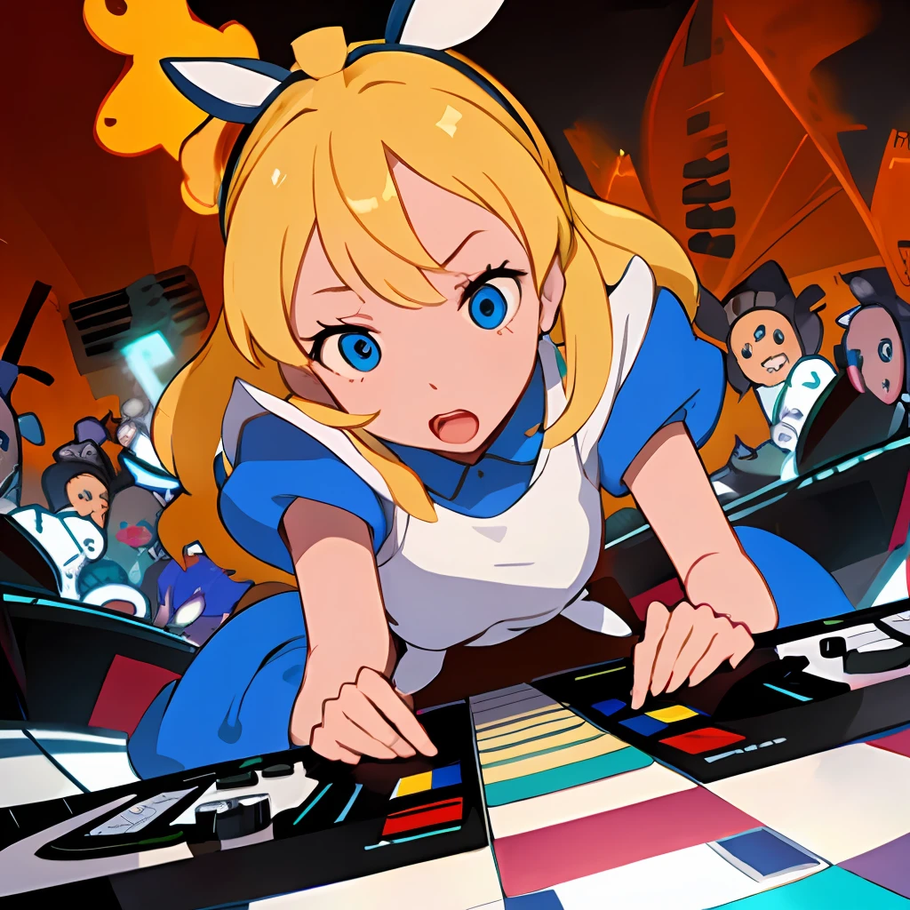 A solo shot featuring alice liddell a DJ, showcasing her skills on the turntables at a vibrant rave.