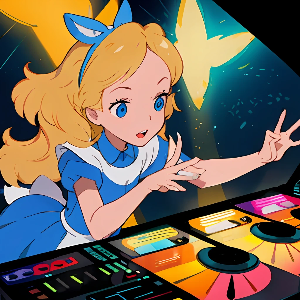 A solo shot featuring alice liddell a DJ, showcasing her skills on the turntables at a vibrant rave.