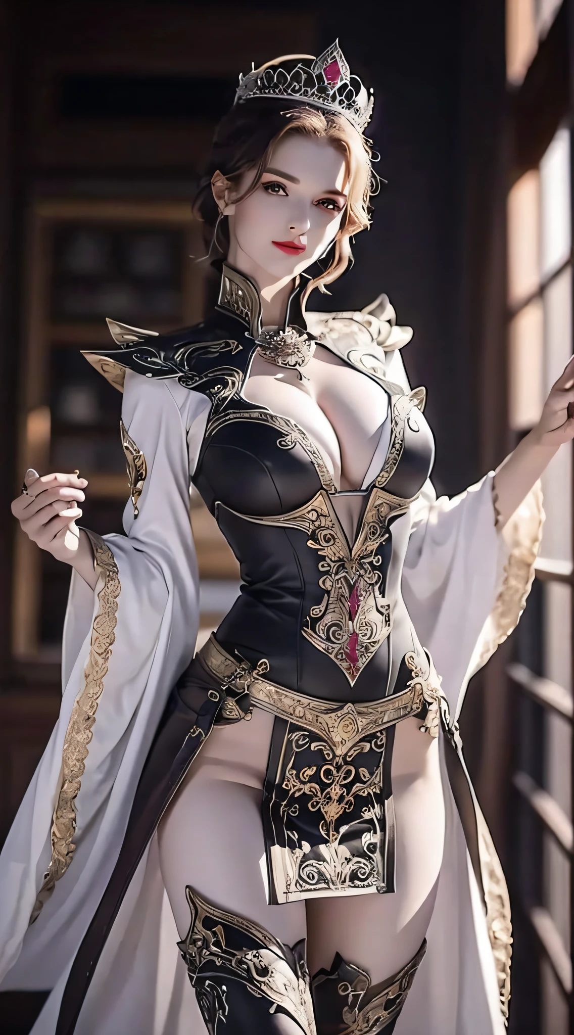 1girll, 独奏, tmasterpiece, CG, 8K, RAW photogr, pic, simple backgound, (looking at the camera in:1.2), Cowboy shooting, standing on your feet, posing on a, Hyper detailed skin, (Super detailed face:1.2), eyeslashes, Black eyeliner, black eyeshadows, tiara crown, braidedhair, Tattoo on the forehead, short detailed hair, Golden hair, pony tails, beaturiful body, detailed outfits, long skirt, High slit, Separate the sleeves,big cleavage breasts, white stockings, kneeboots,