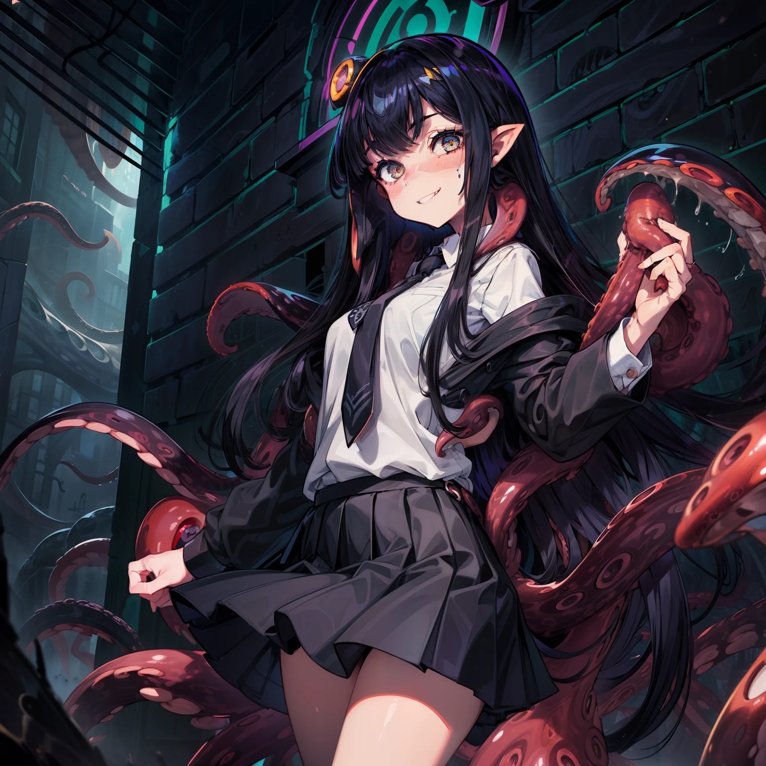 ((Girl fused with tentacles. Tentacles from the skirt)). School uniform. Black costume. A dark-haired. The long-haired. Cropped bangs. natta.two eyes sticking out of the head,,,,,. Peek out from overhead creatures with large mouths. Invincible smile. Short skirt. natta. Back alley