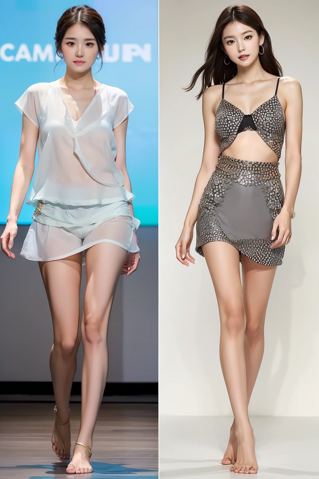 best qualtiy, Full body like,Summer clothes,Fashion show,Barefoot,Refined face,pretty face,1 25 year old woman,slimfigure,Larger bust