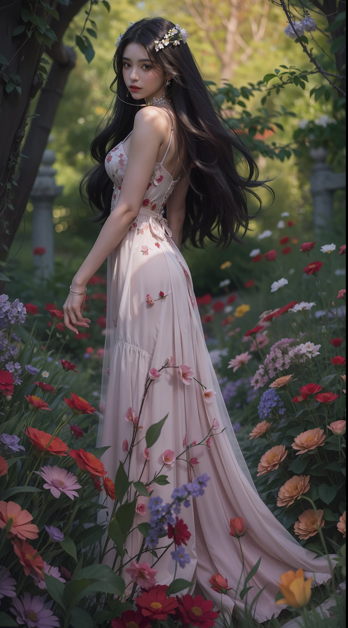 En una fiesta de primavera, A beautiful vampire walks through a garden on a clear night. Ella lleva una guirnalda de flores en su cabello, You have cold eyes and your skin lacks pigment., Ella lleva un largo, Sober dress with heart neckline.
