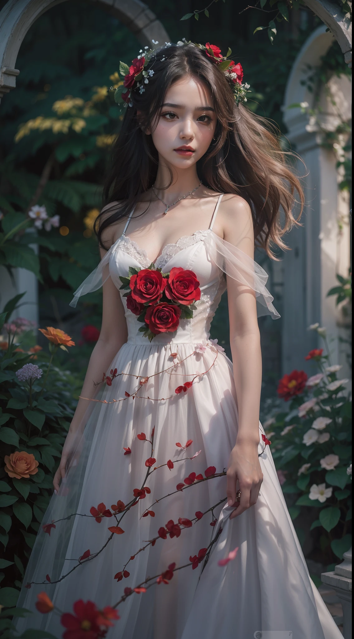 En una fiesta de primavera, A beautiful vampire walks through a garden on a clear night. Ella lleva una guirnalda de flores en su cabello, You have cold eyes and your skin lacks pigment., Ella lleva un largo, Sober dress with heart neckline.