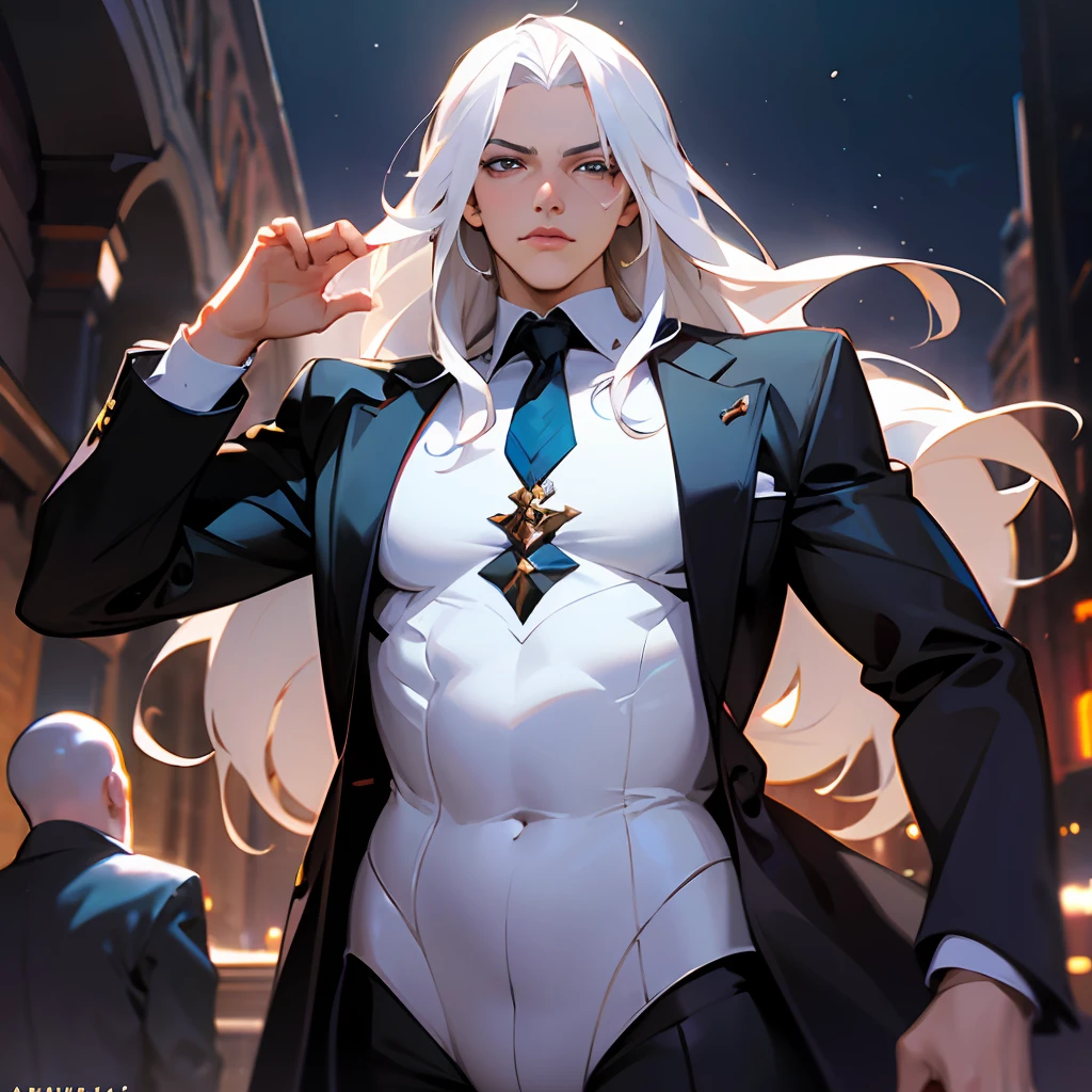 Masterpiece, highest quality, (solo focus), (perfect face: 1.1), (high detail: 1.1), dramatic, 1guy, (pale skin), long white hair, white eyes, [light eyebrows], man, solo, long hair, moon, night, white luxury suit, closed navel, plump lips, (beauty signs), gothic city, detailed background, art by Artgerm and Greg Rutkowski, cinematic lighting, roses, beautiful. Young man, slim waist, palms hidden under long sleeves, long white hair, blue eyes