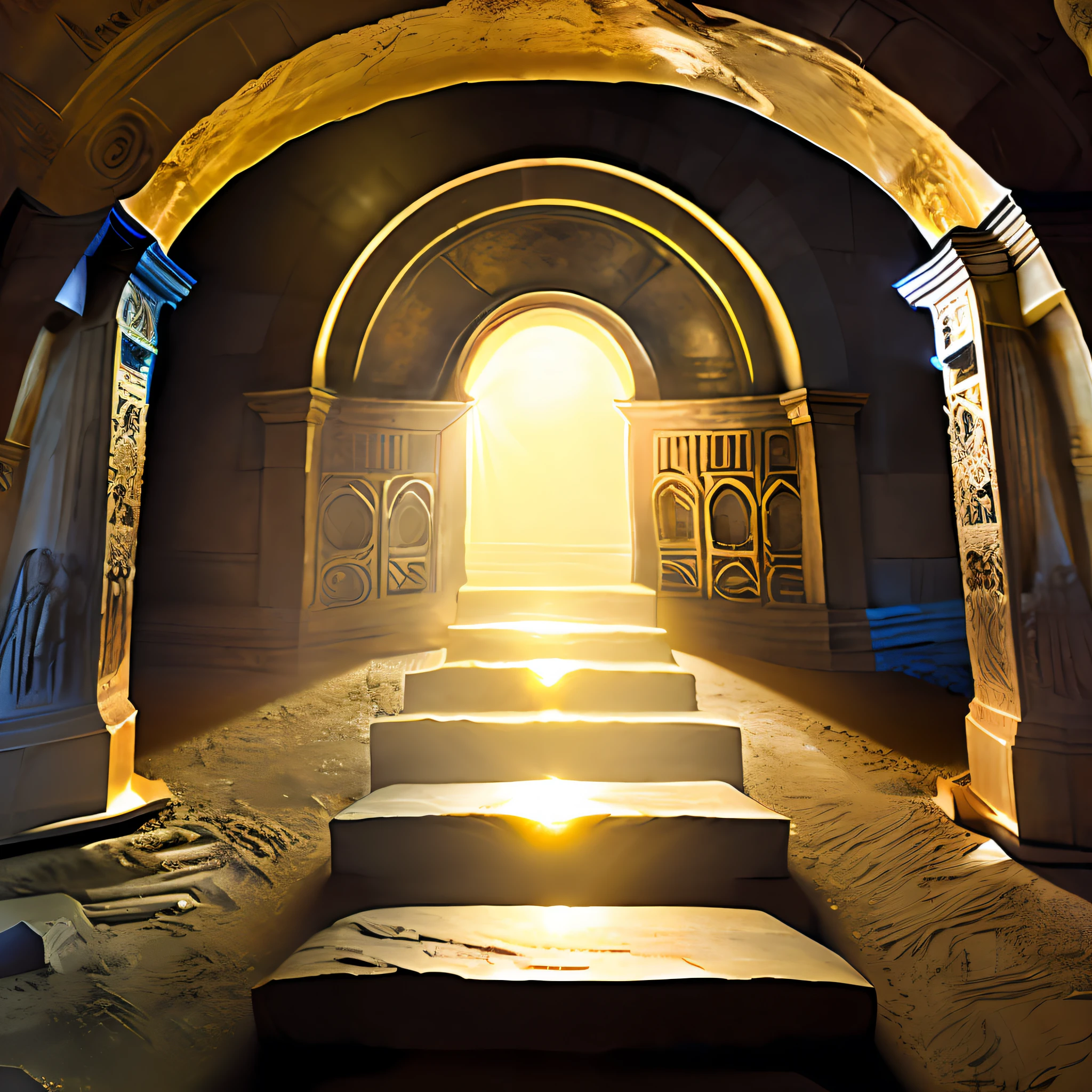 passage of Christ's resurrection with the stone removed, sem imagens humanas, only the environment and a great golden light coming out from inside the tomb, fotorealista
