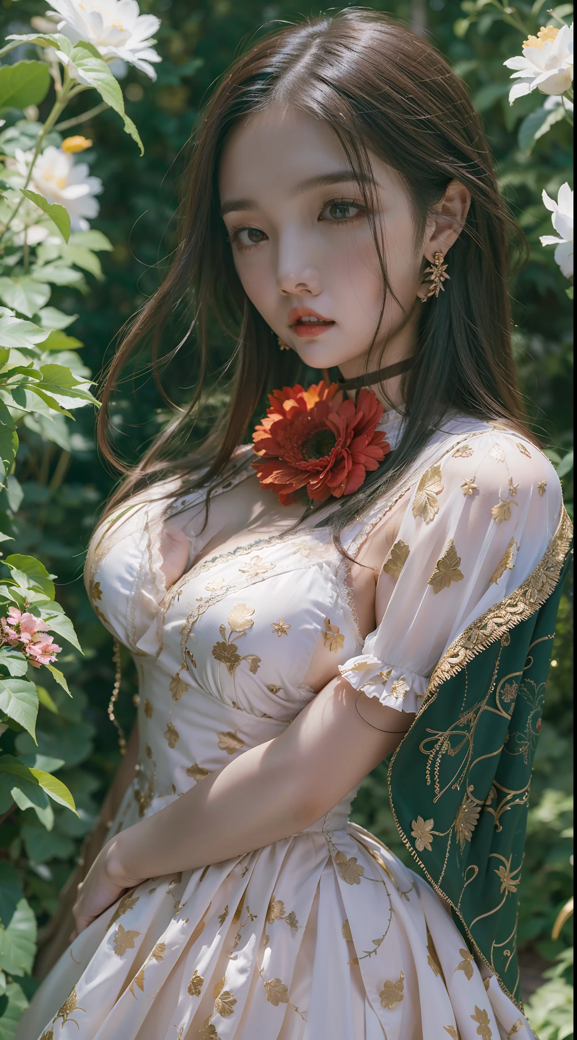 En una fiesta de primavera, A beautiful vampire walks through a garden on a clear night. Ella lleva una guirnalda de flores en su cabello, You have cold eyes and your skin lacks pigment., Ella lleva un largo, Sober dress with heart neckline.