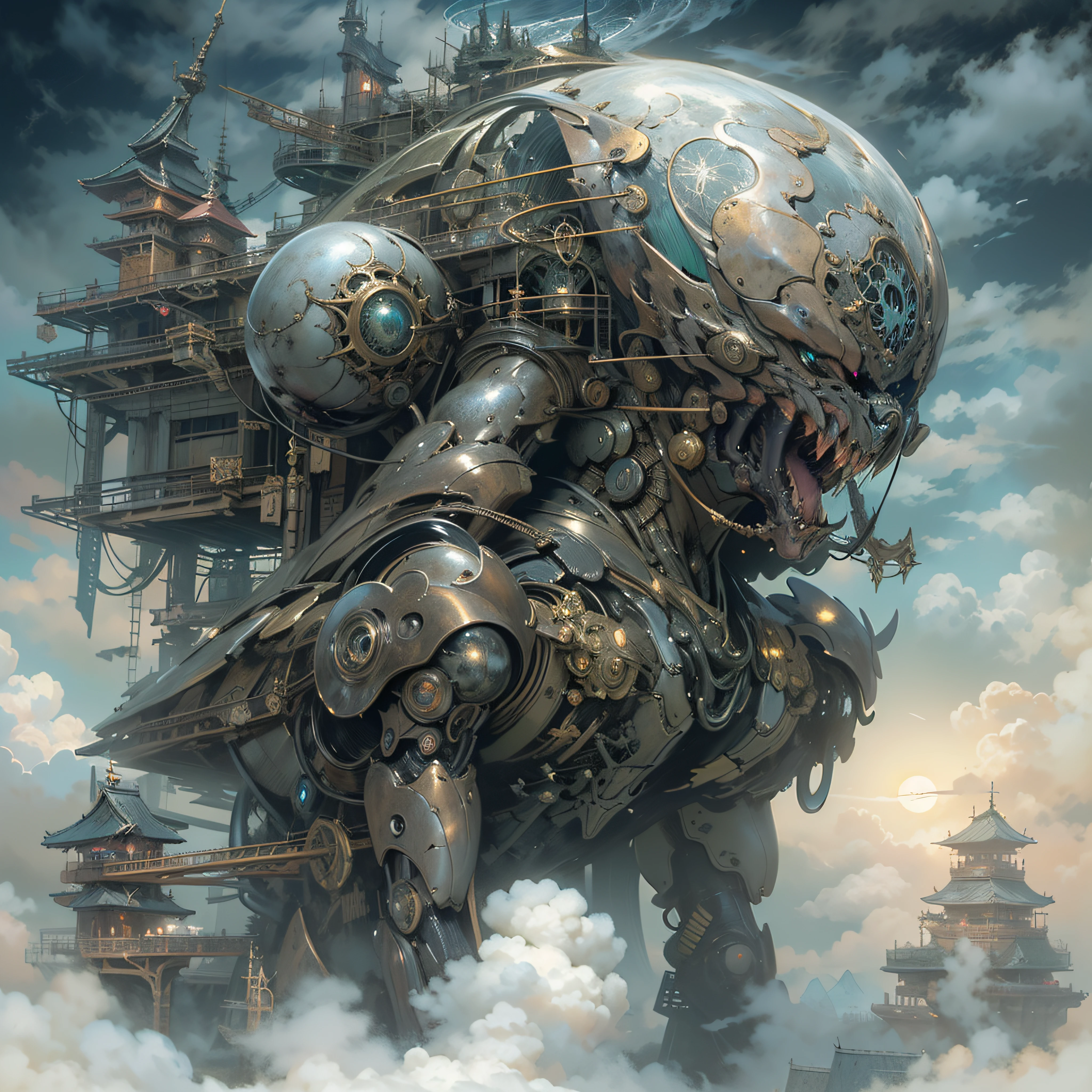 ((best quality)), ((masterpiece)), (detailed), giant mecha, horror beauty, perched on a cloud, (fantasy illustration:1.3), enchanting gaze, otherworldly charm, mystical sky, (Luis Royo:1.2), (Yoshitaka Amano:1.1), moonlit night, soft colors, (detailed cloudscape:1.3), (high-resolution:1.2)