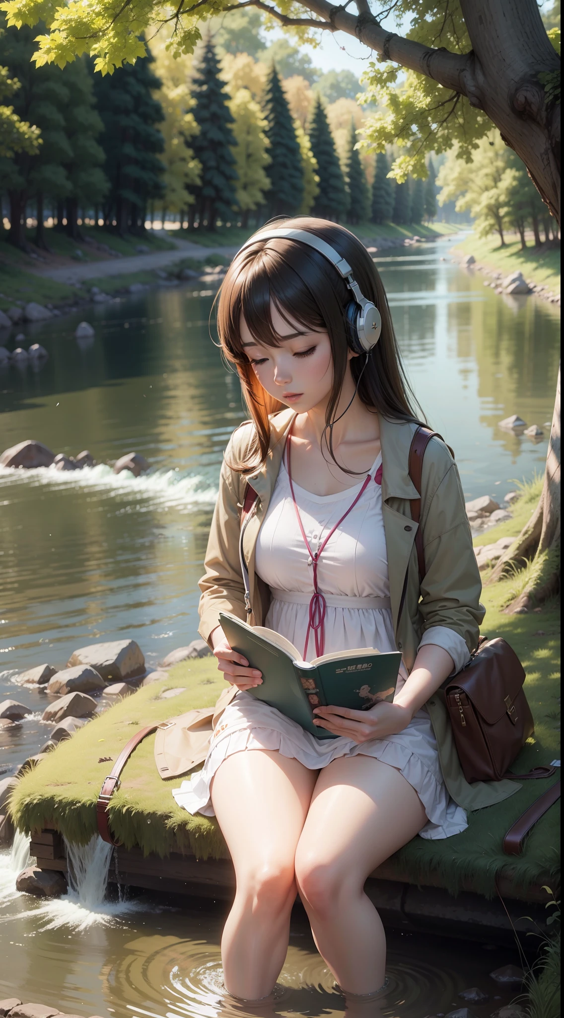 "Anime character listening to music while reading under a tree near a river."