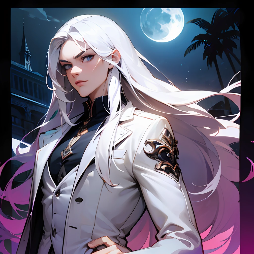 Masterpiece, highest quality, (solo focus), (perfect face: 1.1), (high detail: 1.1), dramatic, 1guy, (pale skin), long white hair, white eyes, [light eyebrows], man, solo, long hair, moon, night, white luxury suit, closed navel, plump lips, (beauty signs), gothic city, detailed background, art by Artgerm and Greg Rutkowski, cinematic lighting, roses, beautiful. Young man, slim waist, palms hidden under long sleeves, long white hair, blue eyes