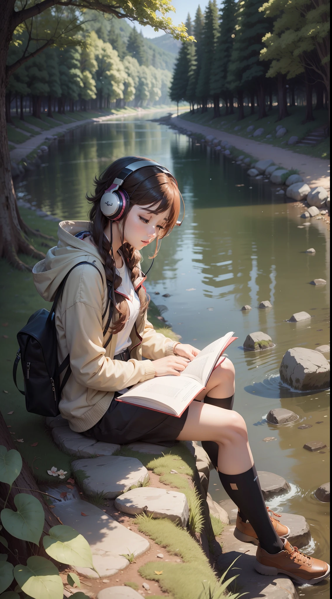 "Anime character listening to music while reading under a tree near a river."