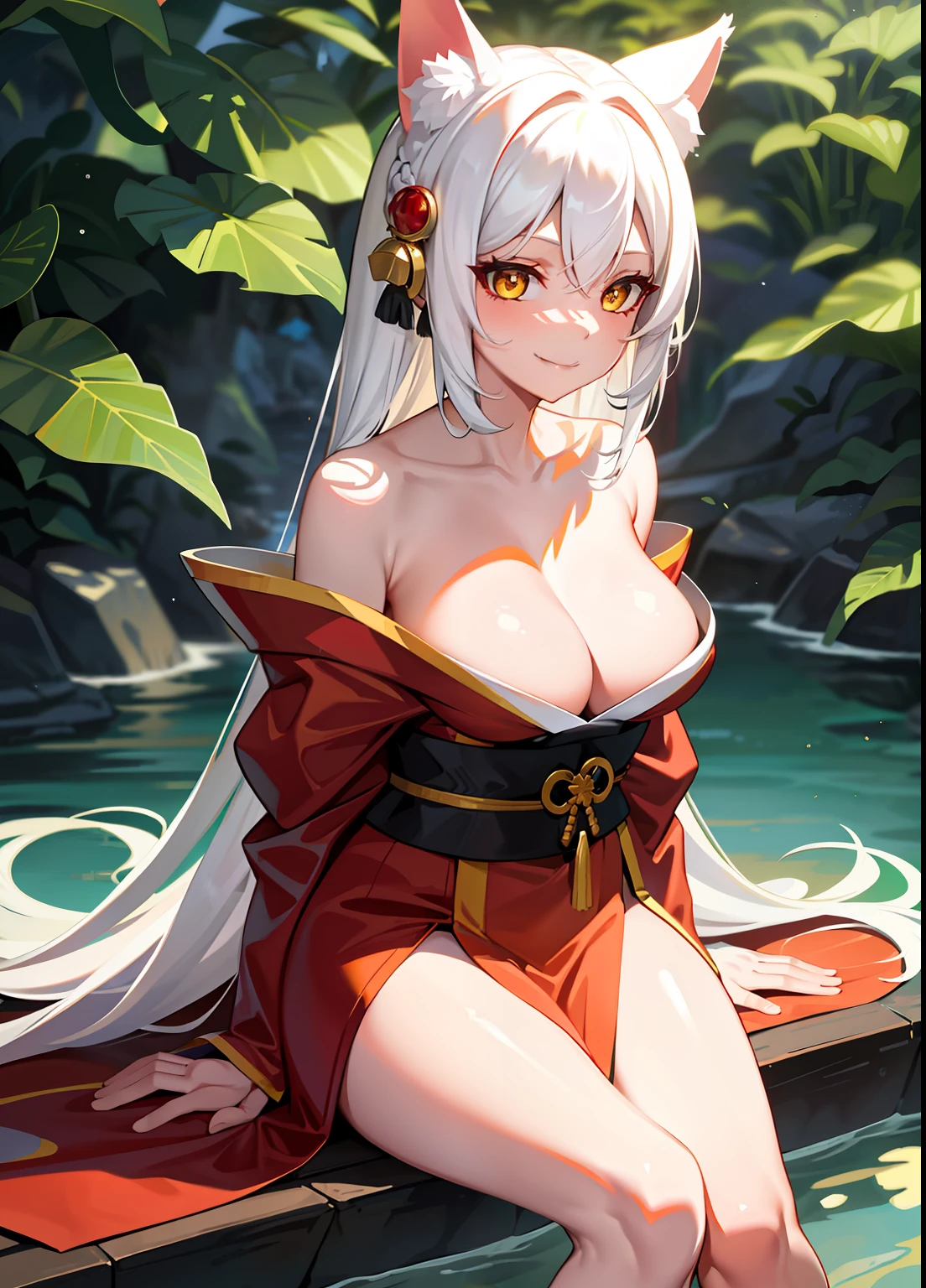 1girll, Yellow eyes, Long hair, White hair, Sitting, red kimono, Large breasts, Topless, Light smile, arms back behind, Nature, hair adornments, Animal ears, , water,