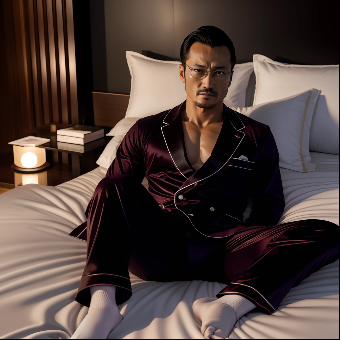 Hidetoshi Nakata ，Kogoro Mouri0.8，Tong，Bulge，onbed，Draped in pajamas，black long socks，Thin，musculature，lbeard，fortitude，artwork of a，tmasterpiece，k hd，