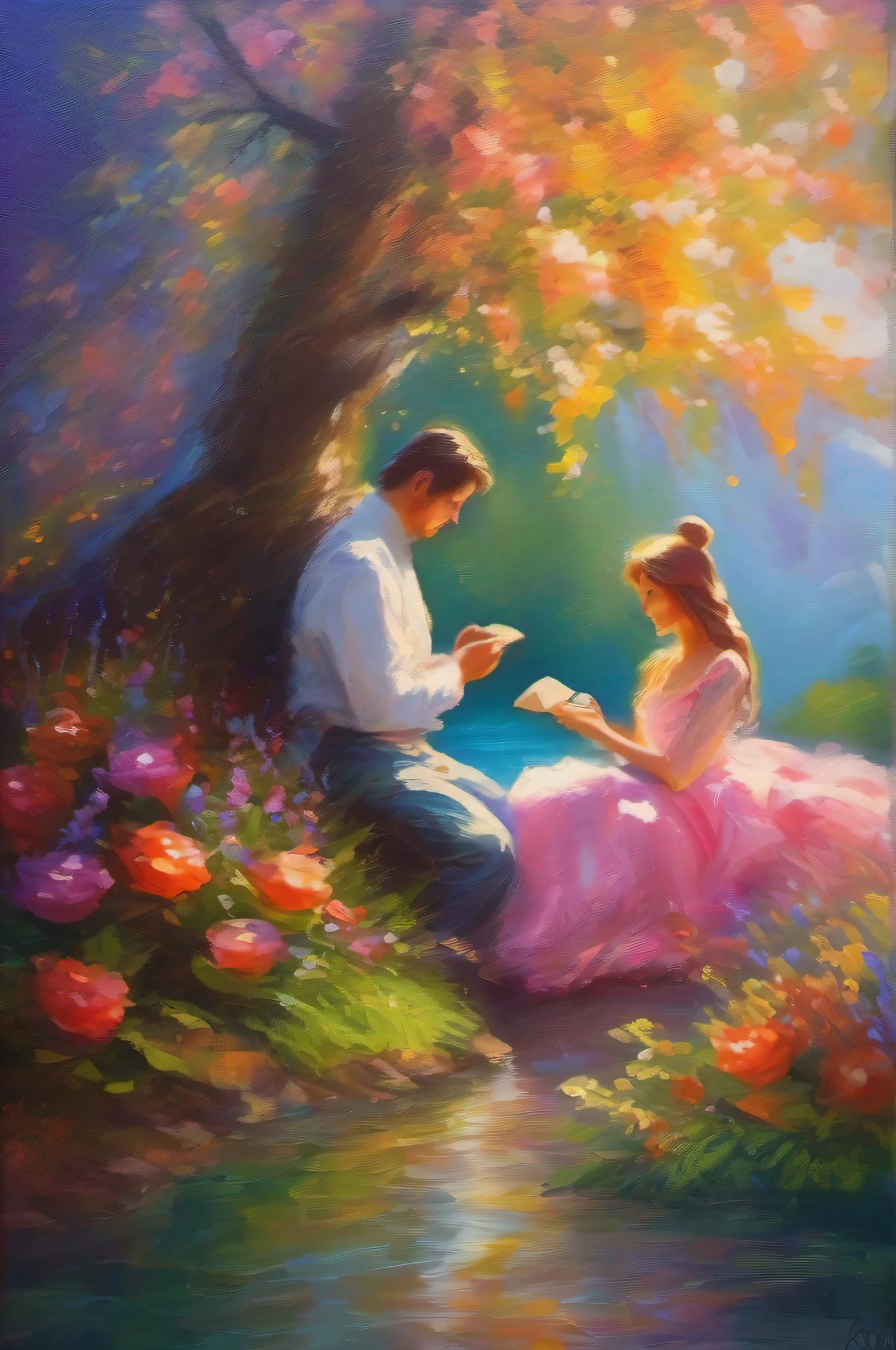 an impressionist painting depicting a couple in love immersed in an idyllic and romantic setting. Criada com pinceladas suaves e cores exuberantes, The work captures the essence of love in the midst of vibrant nature,