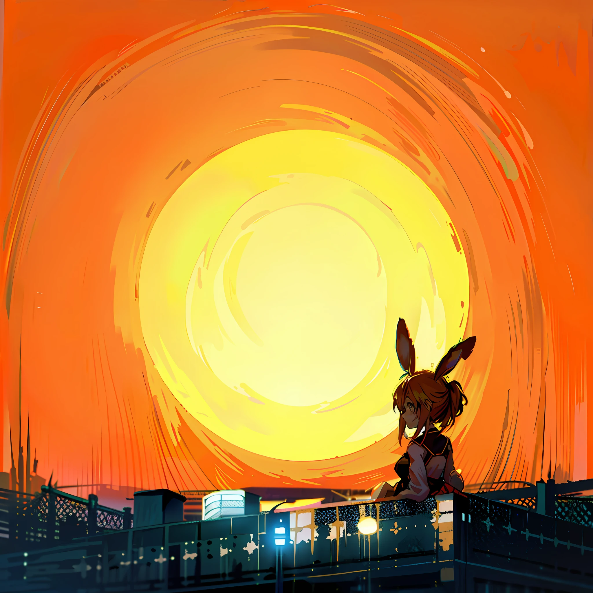 Colorful sunset picture with bunny-eared girl, watching the sunset. Anime, sunrise over solarpunk city, ((Sunset)), sunset illustration, Makoto Shinkai Cyril Rolando, pixiv contest winner, inspired by Krenz Cushart, anime style cityscape, Sunset!!!, City sunset, Inspired by Cyril Rolando, it is sunset