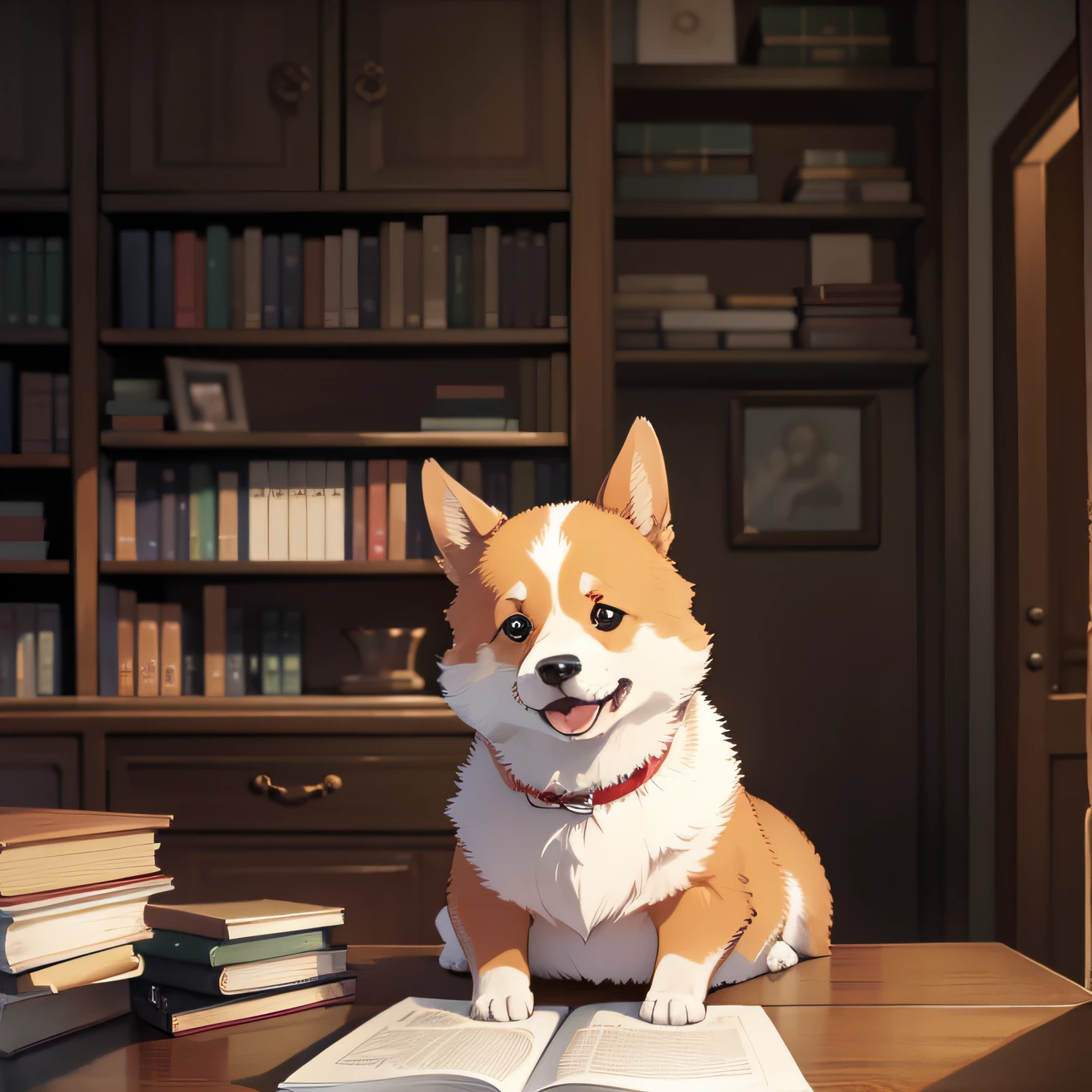 Little corgi,Books are on the ground,On the desk,On the stool,on a sofa,Next to the bookshelf