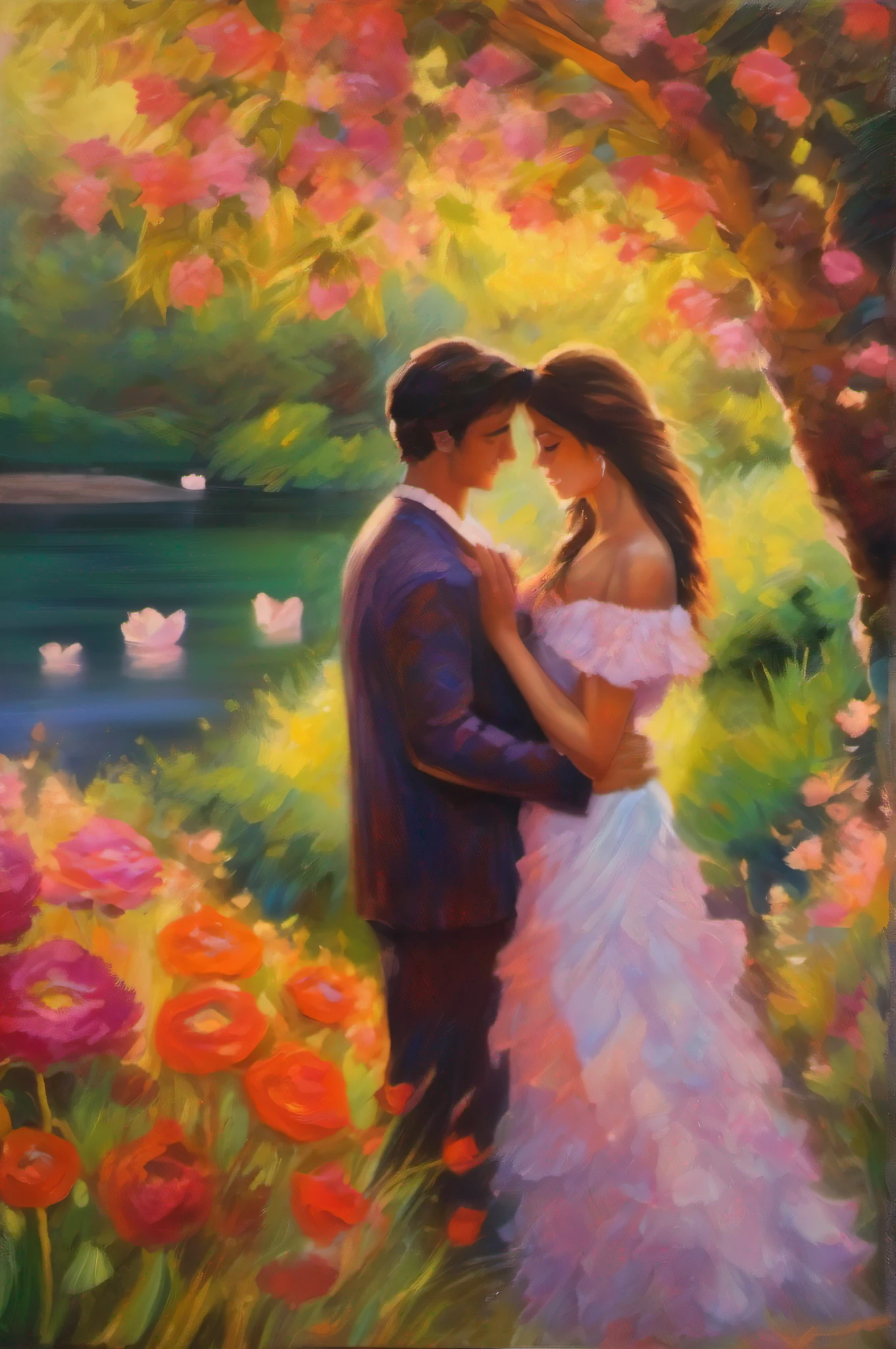 an impressionist painting depicting a couple in love immersed in an idyllic and romantic setting. Criada com pinceladas suaves e cores exuberantes, The work captures the essence of love in the midst of vibrant nature,