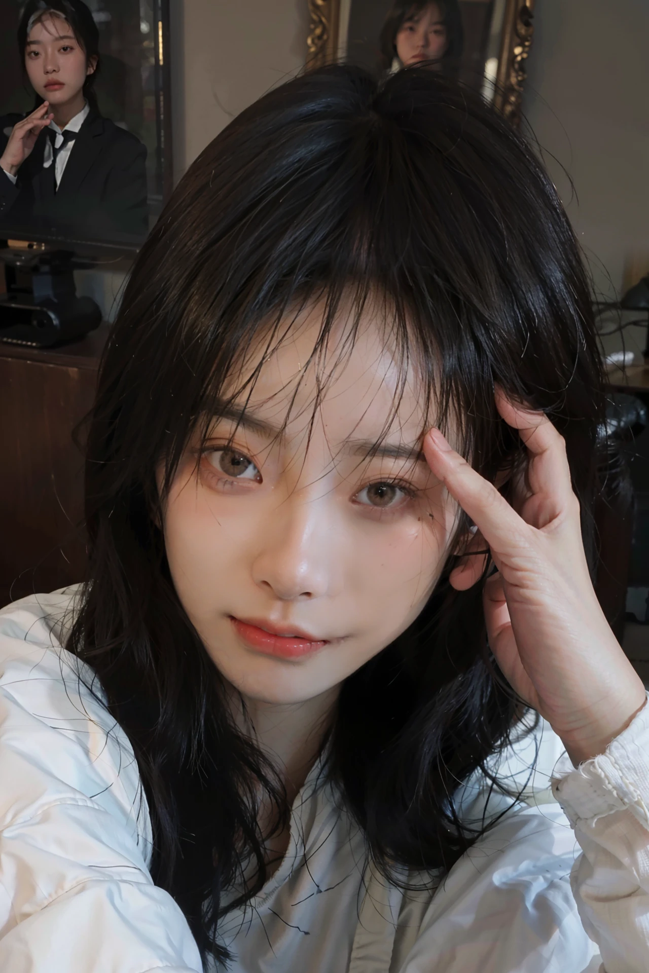 8K, Best Quality, Masterpiece, Ultra High Resolution, (Realism: 1.4), Original Photo, (True Skin Texture: 1.3), (Film Grain: 1.3), (Selfie Angle), 1 Girl, Beautiful Eyes and Face Details, Masterpiece, Best Quality, Close Up, Full Body,