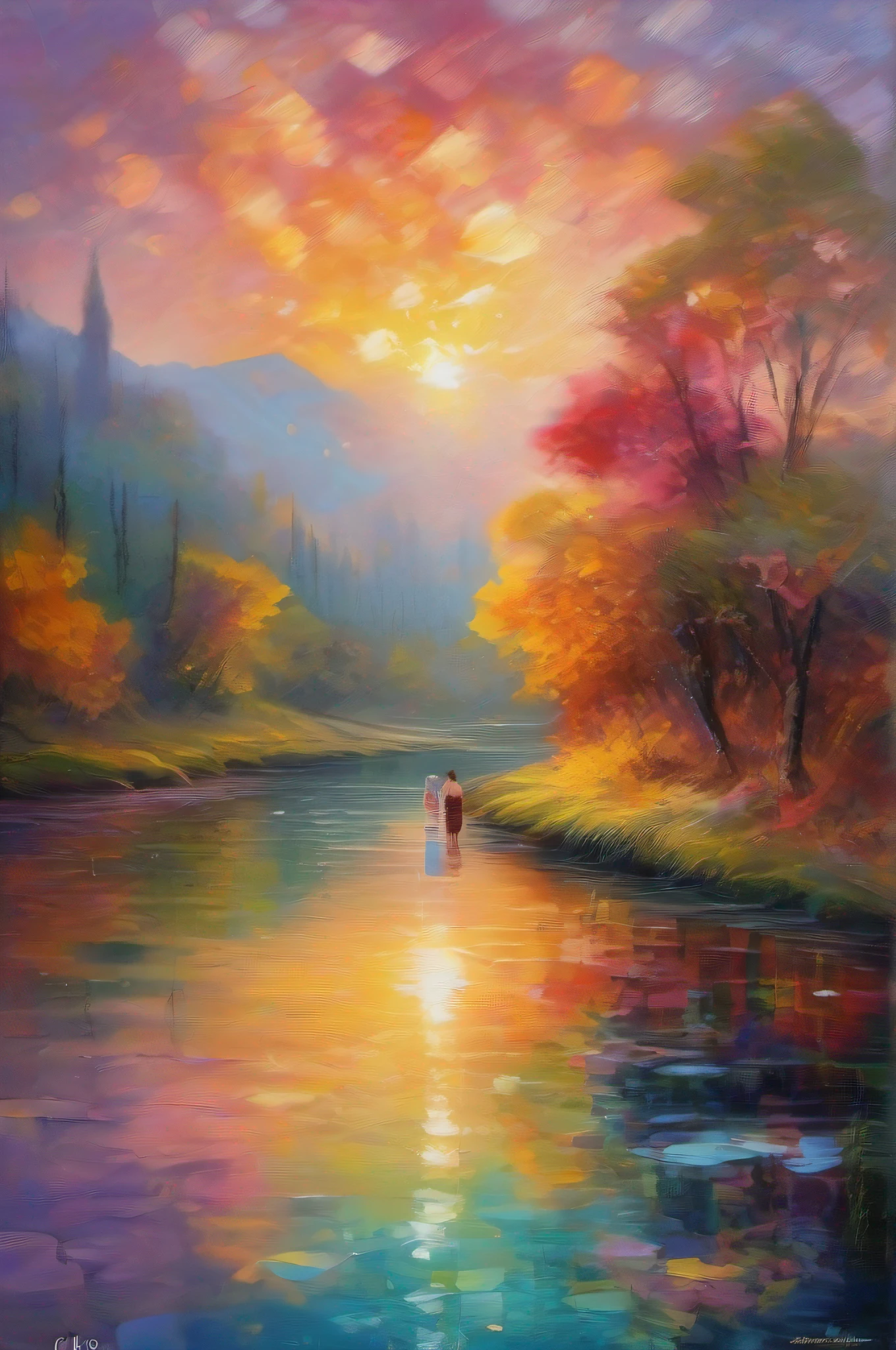 an impressionist painting depicting a couple in love immersed in an idyllic and romantic setting. Criada com pinceladas suaves e cores exuberantes, The work captures the essence of love in the midst of vibrant nature,