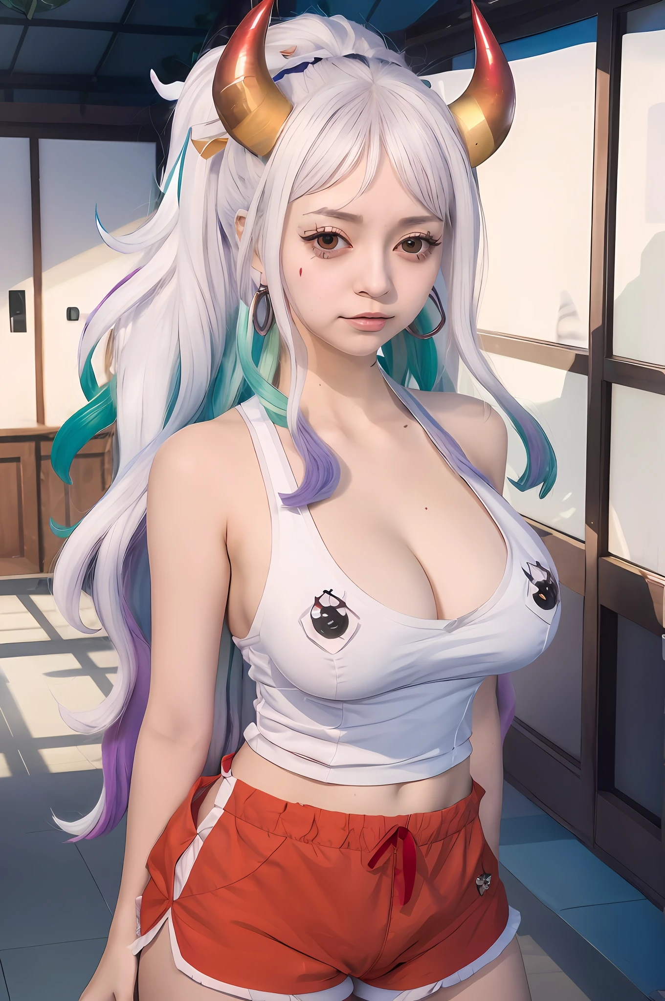 a woman with horns and a white top is posing for a picture, seductive anime girl, perfect white haired girl, marin kitagawa fanart, portrait knights of zodiac girl, beautiful alluring anime woman, white haired deity, attractive anime girl, shiro from deadman wonderland, an anime girl, anime character, anime woman, female anime character, beautiful alluring anime 