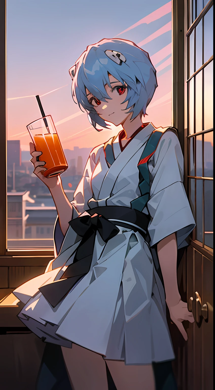 1 girl, Ayanami, Evangelion, 8K, best quality, gentle smile, japanese cloth, looking out the window, dusk light, more details,Drinking juice, summer, cool style, bright colors