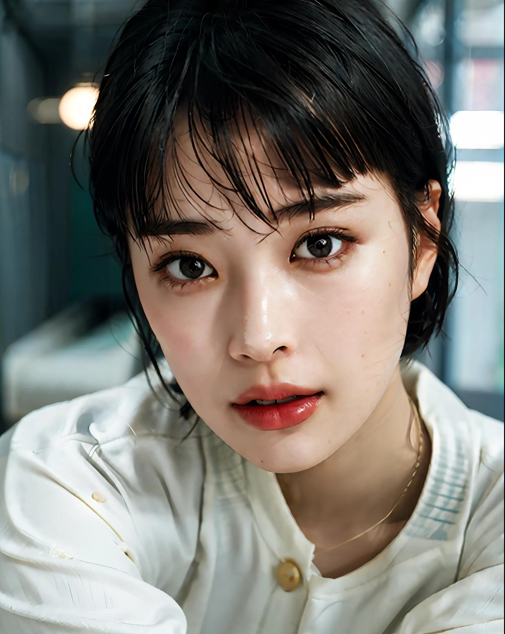 There was woman holding cell phone in her hand, with short hair, girl cute-fine-face, 8k artgerm bokeh, soft portrait shot 8 k, Portrait cute - delicate face, headshot profile picture, Beautiful Japanese girl face, Chiho, Realistic anime, detailed unblurred face, Realistic. cheng yi, high quality portrait
