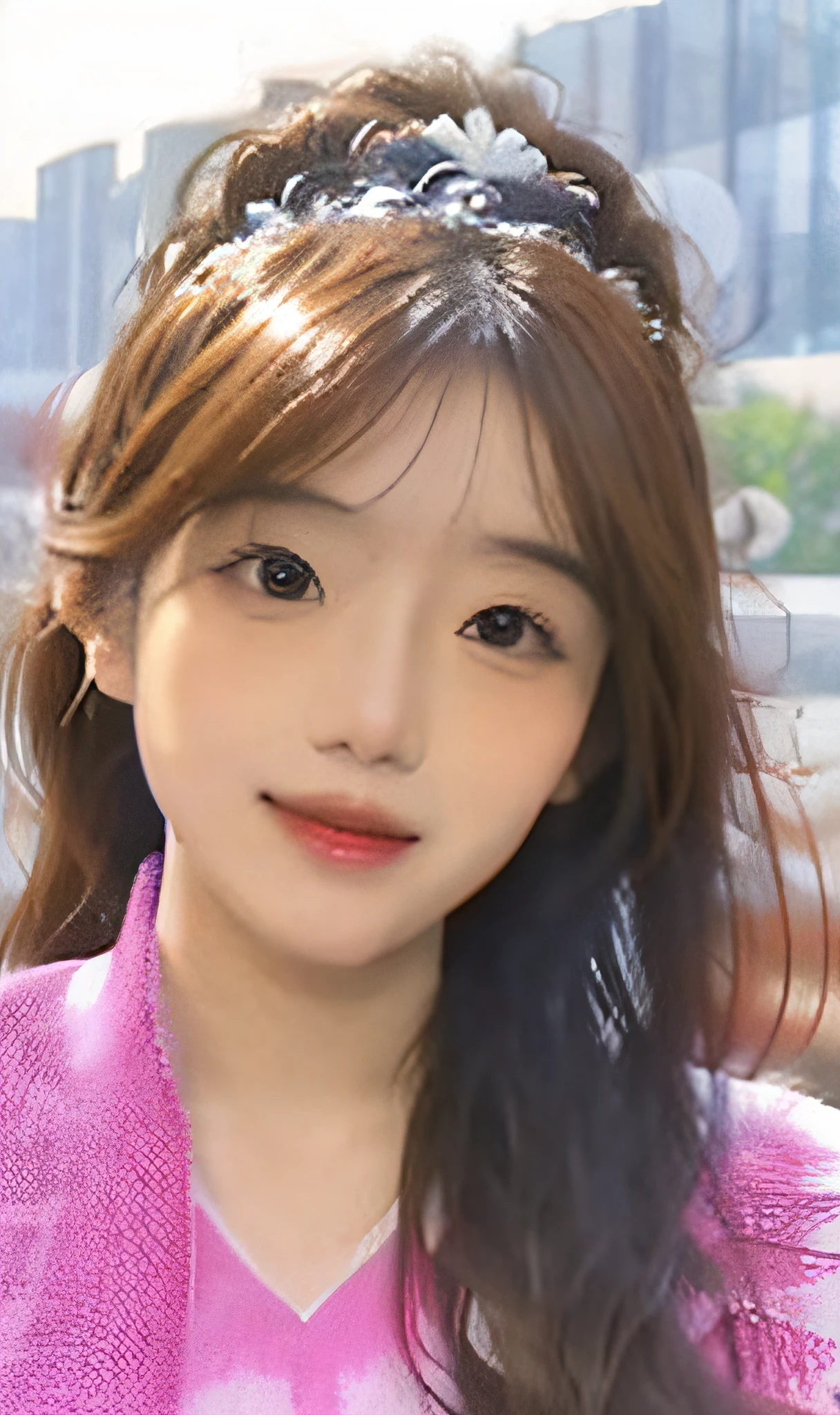(8k, RAW photo, photorealistic:1.25) ,( Gloss on lips, eyeslashes, gloss face, Glossy glossy skin, best qualtiy, 超高分辨率, depth of fields, color difference, Caustics, Wide light, naturalshadow, Kpop idol) Watch the audience with serenity and goddess-like happiness,The headdress is crystal fairy,Chestnut-brown shawl, long hair and chestnut-brown eyes