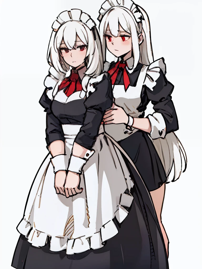 A girl frontal,((full bodyesbian,Long curly white hair,the maid outfit,vred)),Calf white silk,Put your hands in front,Young, White background