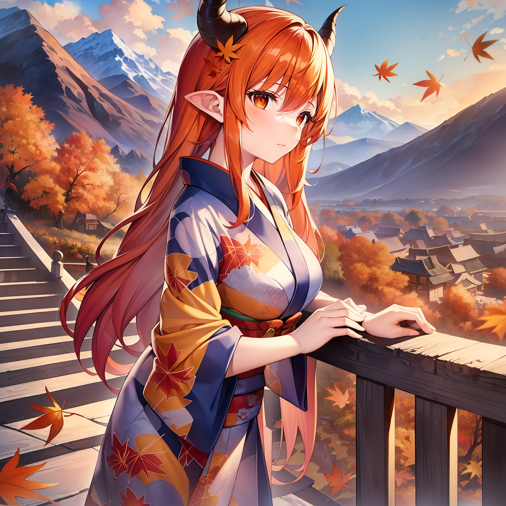 (masterpiece, best quality:1.2), (1girl, solo), 18years old, kimono, orange hair, demon horns, normal ears, front view, (mountains and fields in autumn, maple leaves)
