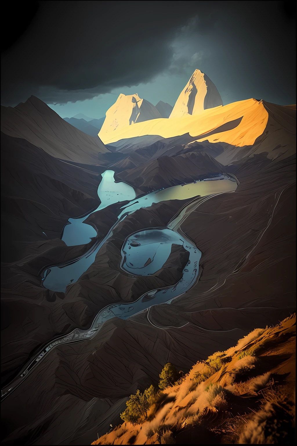 mountain peaks,rios,Meandering,Clouds,(Complicated details),hdr,(Complicated details,ultra - detailed:1.2),Cinema lenses,Vignette,at centre