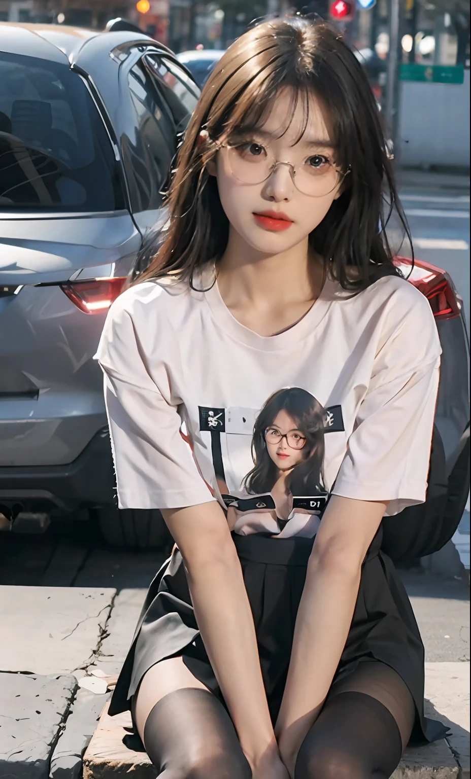 ulzang-6500-v1.1,(RAW photo:1.2), (Photorealistic:1.4), Beautiful Meticulous Girl, very detailed eyes and faces, Beautiful detailed eyes, absurderes, unbelievable Ridiculous, hugefilesize, ultra - detailed, A high resolution, The is very detailed,best qualtiy,tmasterpiece,((T-shirt )),illustratio,The is very detailed,CG,unified,8k 壁纸,Amazing Cleavage,finely detailled,tmasterpiece,best qualtiy,The is very detailed的 CG unified 8k 壁纸,light in face,cinmatic lighting, 1girll, ,long white hair,lateral division,(wears glasses),((dynamicposes)),(sexyposture),,(A half body),((Pantyhose)),((Black hip skirt)),((((Sit with your knees folded)))) full length dress :1.1, Super detailed face, Detailed eyes, 二重まぶた, blur backgroun, Slim Faces,