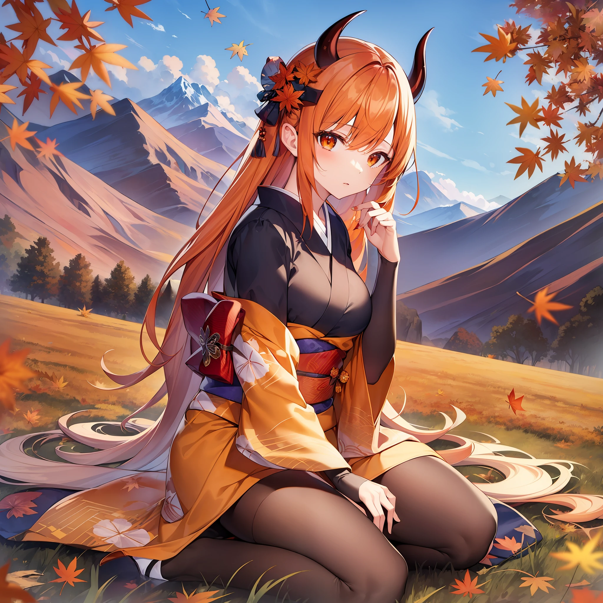 (masterpiece, best quality:1.2), (1girl, solo), 18years old, kimono, orange hair, demon horns, normal ears, sitting on the ground, (mountains and fields in autumn, maple leaves)