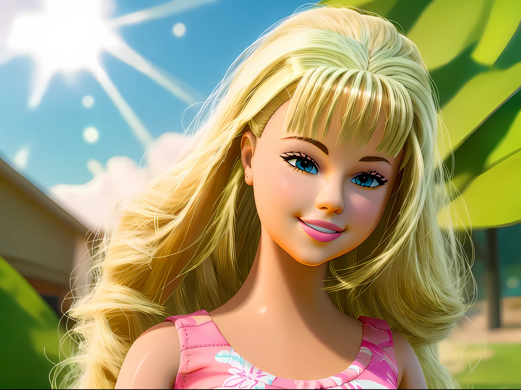 (masterpiece, best quality), highres, (8k, RAW photo, highest quality), (Selena Gomez como Barbie), (Selena Gomez face:1.2), Selena Gomez, (blonde hair) , ultra-realistic, 3d, centered, (TS_Barbie), mid shot, (full body:1.2), a cartoon girl in PINK dress in the style of pixar, (perfect lighting and composition:1),soft lighting, (high detail, 8K resolution:1), hdr:0.7, detailed face, perfect, (dynamic), pose, (high quality:1.2), plastic skin, ((shiny:1.3)), smile, (depth of field:0.8), 50mm, film grain:0.7, fujifilmXT3, focus face, (sad:1.2), looking at viewer, detailed eyes, detailed face, floating particles, beautiful, light makeup, lipstick, (thick waist and thighs:0.6), amazing composition