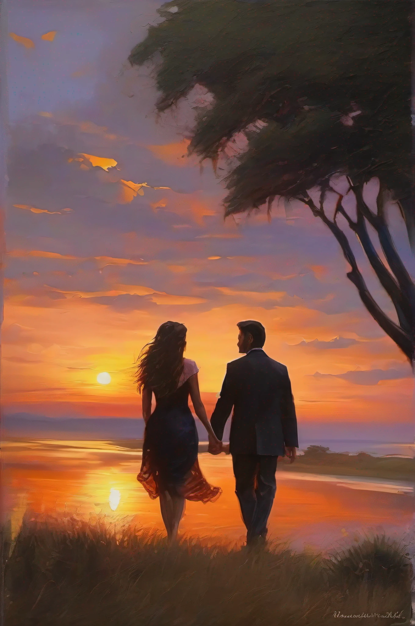 pintura Impressionista de um casal apaixonado andando em um fim de tarde, com um por do sol lindo,