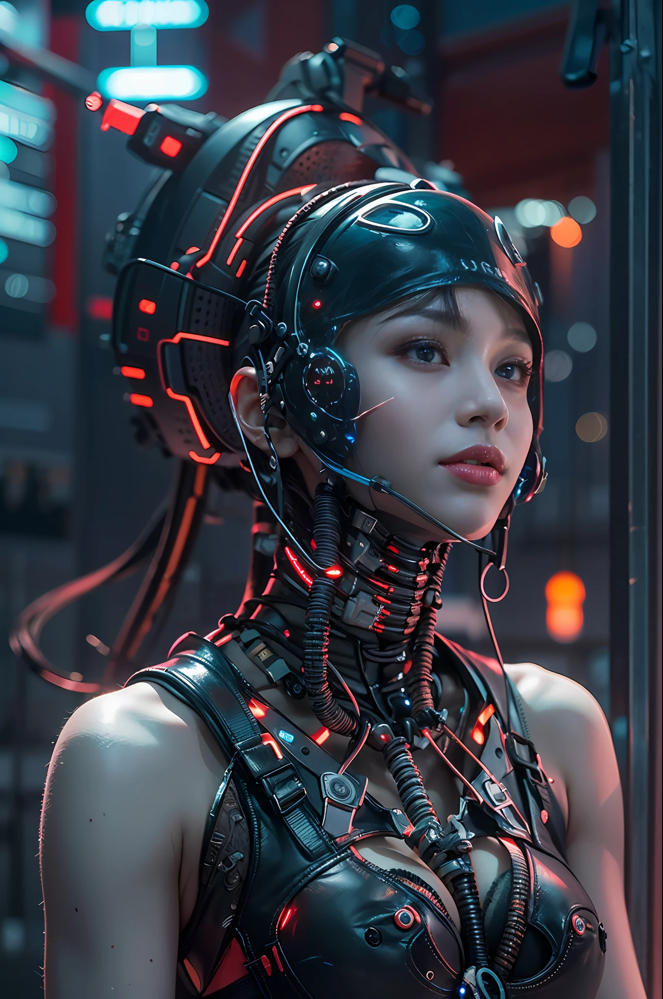 Top Quality, Masterpiece, Ultra High Resolution, ((Photorealistic: 1.4), Raw Photo, 1 Girl, Black Hair, Glossy Skin, 1 Mechanical Girl, (Ultra Realistic Details)), Global Illumination, Shadows, Octane Rendering, 8K, Ultra Sharp, Cleavage Exposed, Metal, Intricate Ornament Details, Egyptian Details, Very intricate details, realistic light, CGSoation trend, facing the camera, neon details, mechanical limbs, blood vessels connected to the tube, mechanical vertebrae attached to the back, mechanical cervical attachment to the neck, wires and cables connecting to the head, evangelion, small glowing LED lamps, (dazzling Cyberpunk cityscape in background).