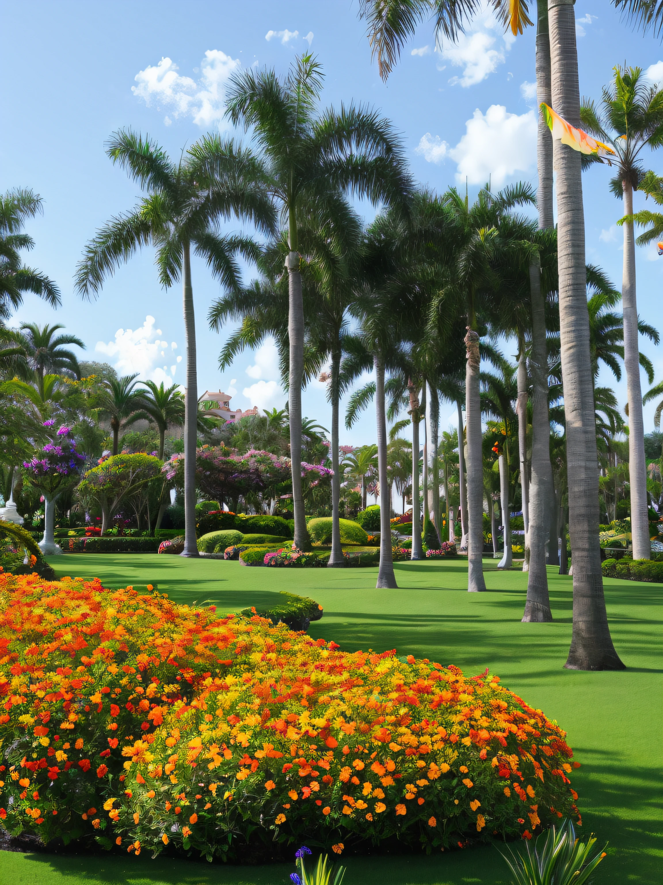 best qualtiy，Master made，Highest high resolution，Detailed portrayal，Detailed details，lush trees and flowers, city park with flowers, parks and gardens, beautiful magical palm beach, lush garden in the background, Lush outdoor flowers, flowers in foreground, the empress’ swirling gardens,