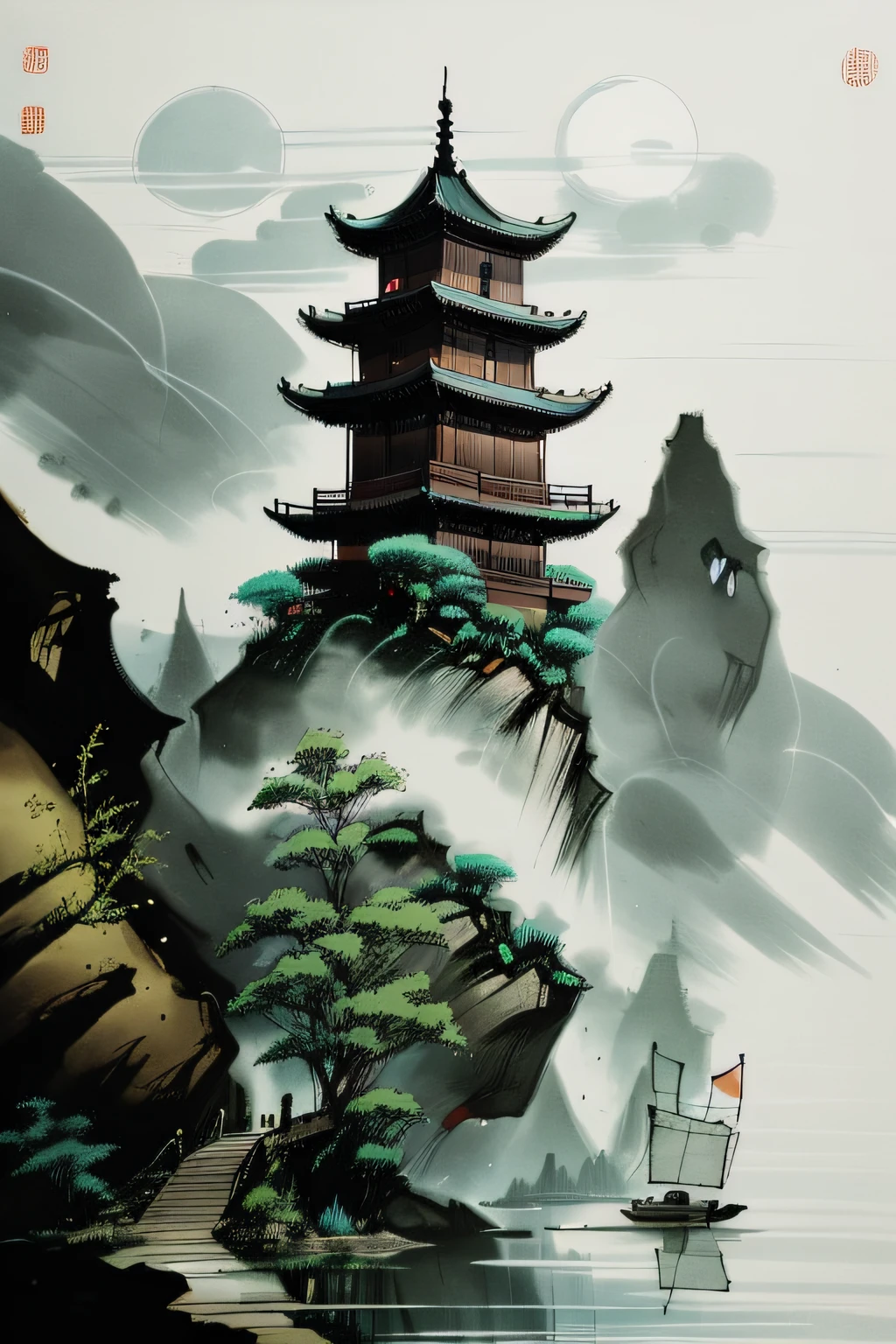 the clock tower，mountain water，the trees，themoon，Clouds，black andwhite，Chinese architecture，Traditional chinese painting，Chinese ink